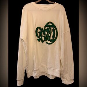 White Game Day Sweatshirt XXL Metallic Chenille Patch EUC